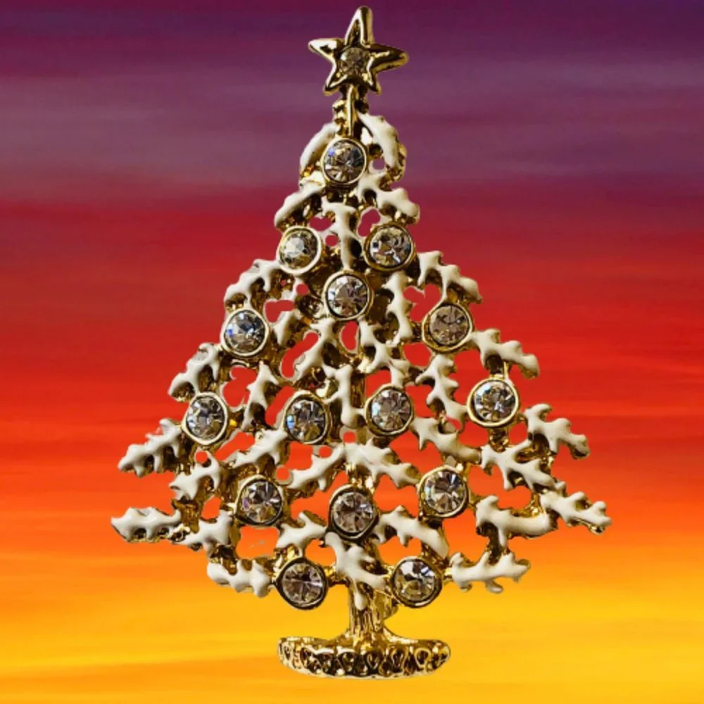 Vintage Christmas Tree Brooch Pin White Enamel & Clear Rhinestones